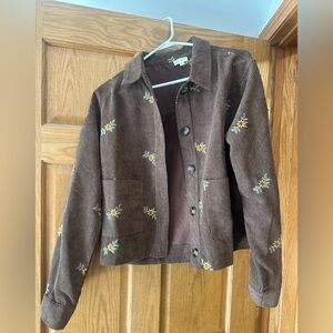 Hem & Thread Brown Corduroy Jacket with Floral Embroidery